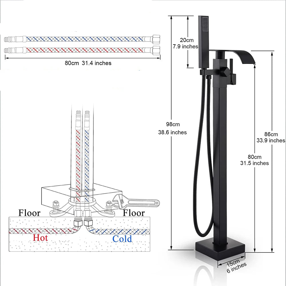 Floor Standing Faucet Bathtub Shower Floor Mounted Tub Filler Faucet Brass Bathroom Tub Faucets with Hand Shower