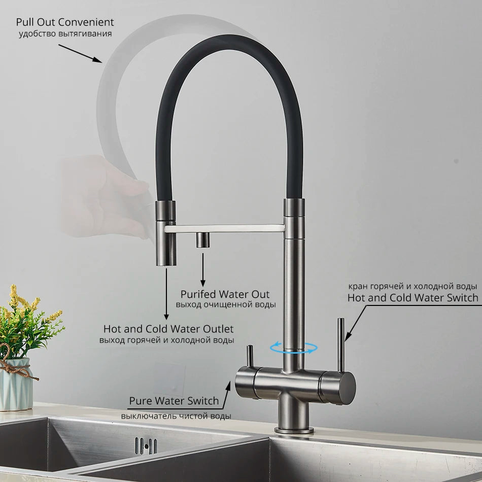 Kitchen Water Filter Faucet Dual Spout Pure Drinking Water Mixer Tap Rotation Water Purification Feature Taps Kitchen Crane