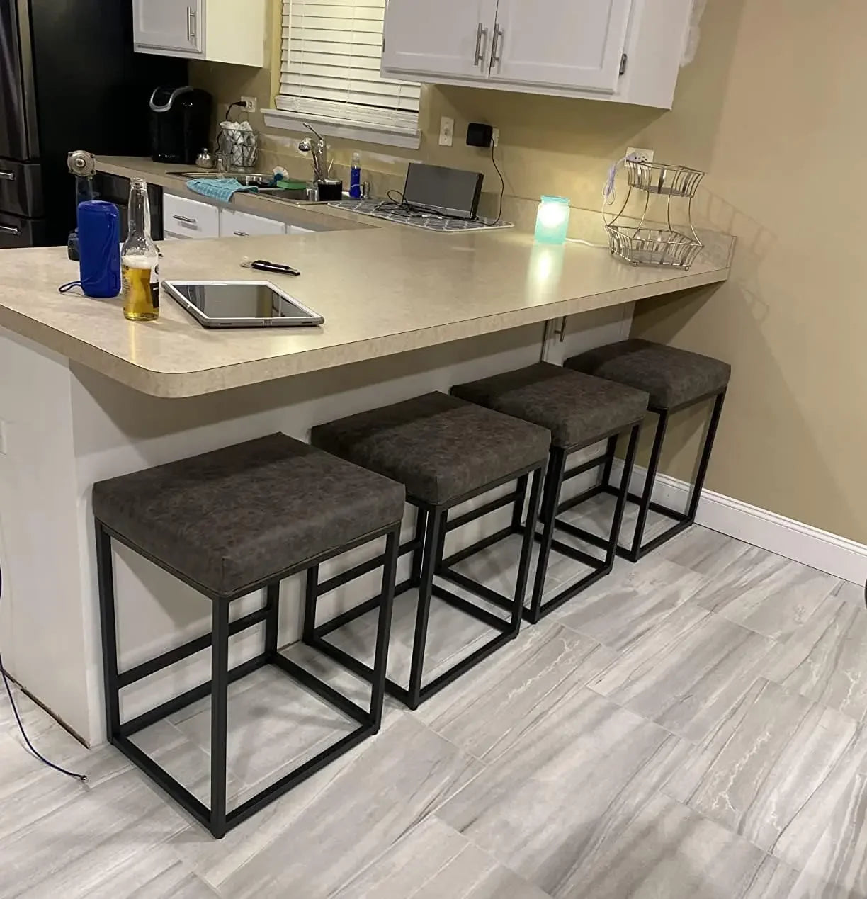 Black Counter Height 24" Bar Stools Kitchen Counter Backless Modern Square Barstools Upholstered Faux Leather Stools