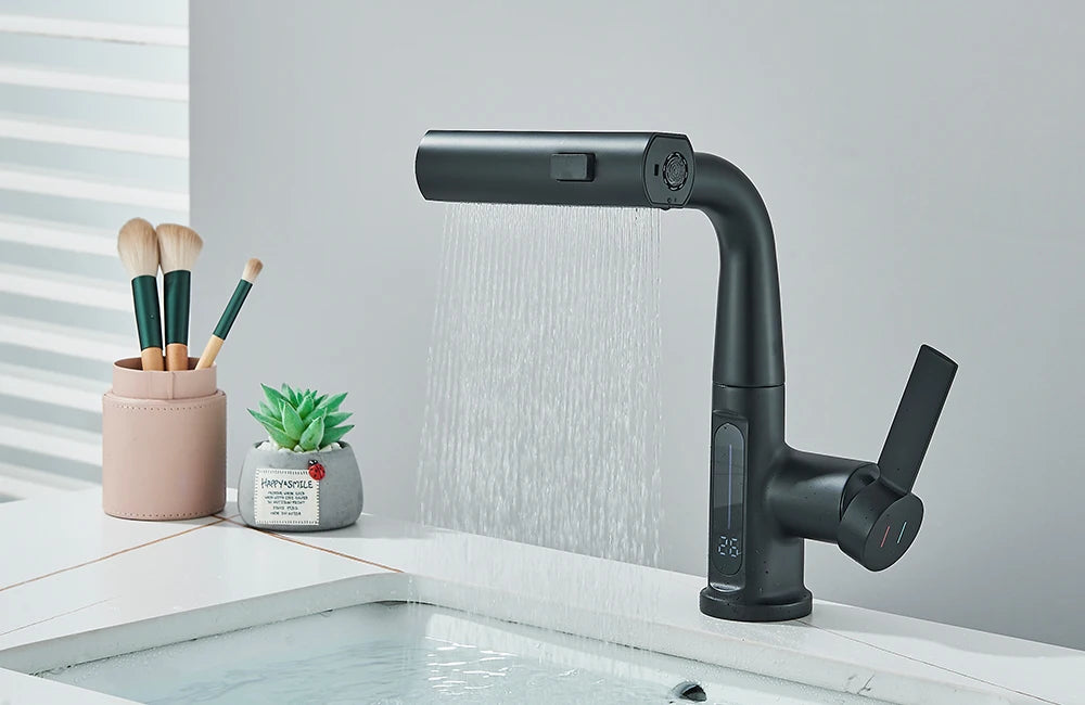 Waterfall Temperature Digital Display Basin Faucet Lift Up Down Stream Sprayer Hot Cold Water Sink Mixer Wash Tap For Bathroom