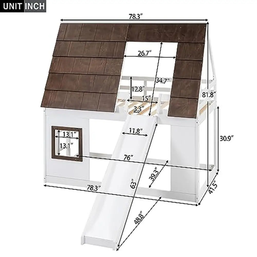 Wooden Twin Bunk Beds with Slide and Playhouse Design