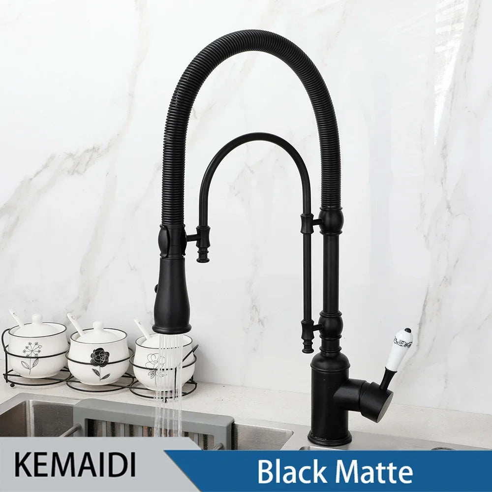 Golden Spring Pull Down Kitchen Sink Faucet Hot & Cold Mixer Crane Tap with Dual Spout Deck Mounted Hot Cold Faucets