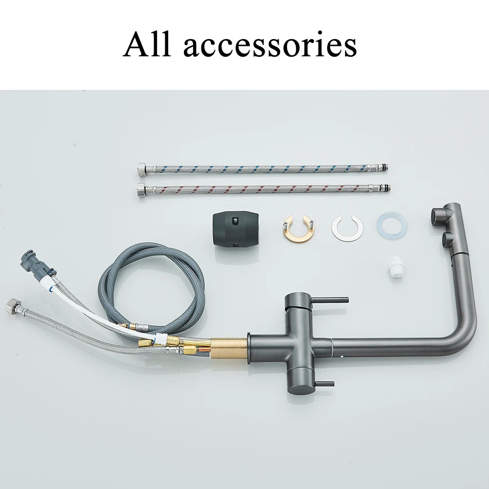Filtered Kitchen Sink Faucet with Pull Down Sprayer 2 Handle 3 in 1 Water Filter Purifier Faucet Dual Sprayer Drinking Water Tap
