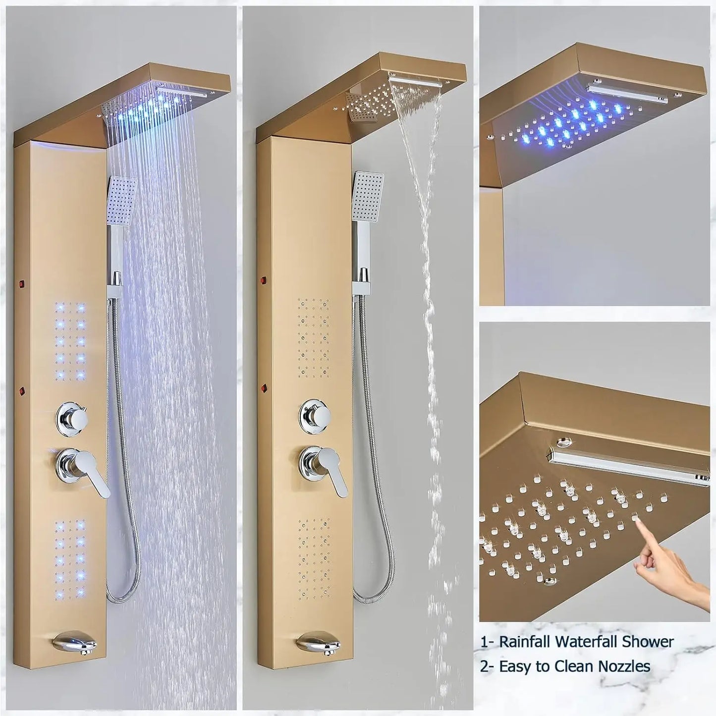 OUIO Brush LED Shower Panel Column Shower Faucet Bathtub Mixer Tap With Massage Body Spa Hand Shower Temperature Screen Set