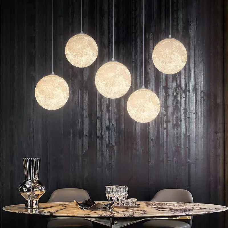 Creative 3D printed moon chandelier 15W 3 Color change light simple bedroom children's room restaurant bar commercial ball lamp
