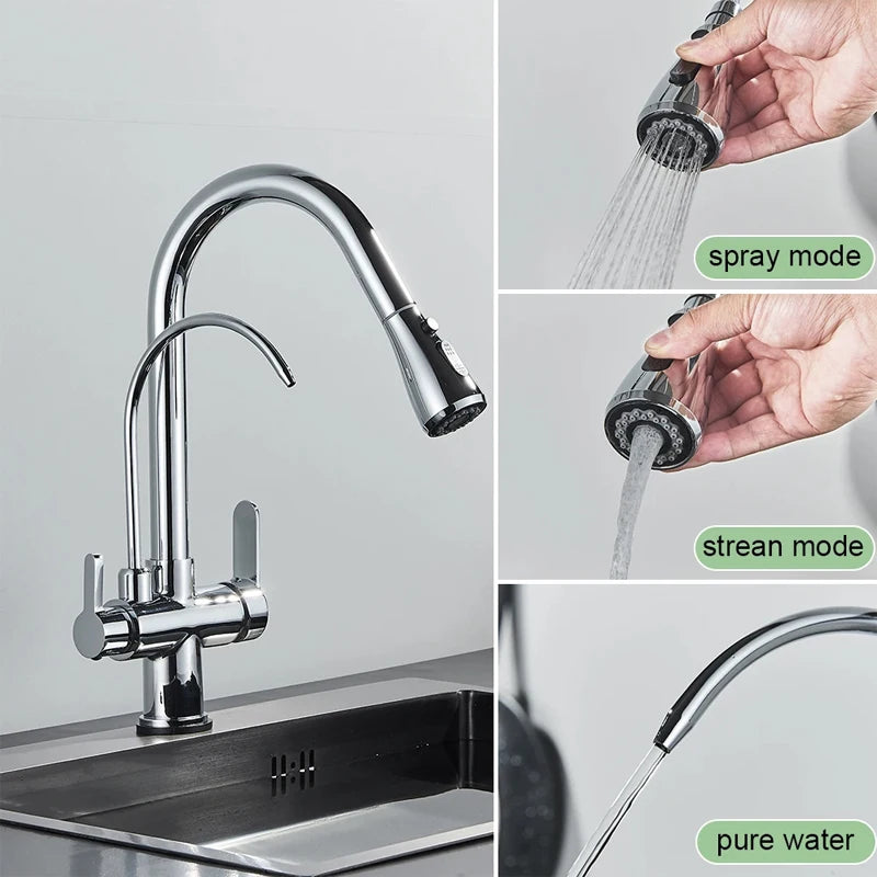 Black Gold Filter Kitchen Faucets Pure Water Rotatable Dual Spout Kitchen Faucet Dual Handles Filtered Mixer Tap For Kitchen