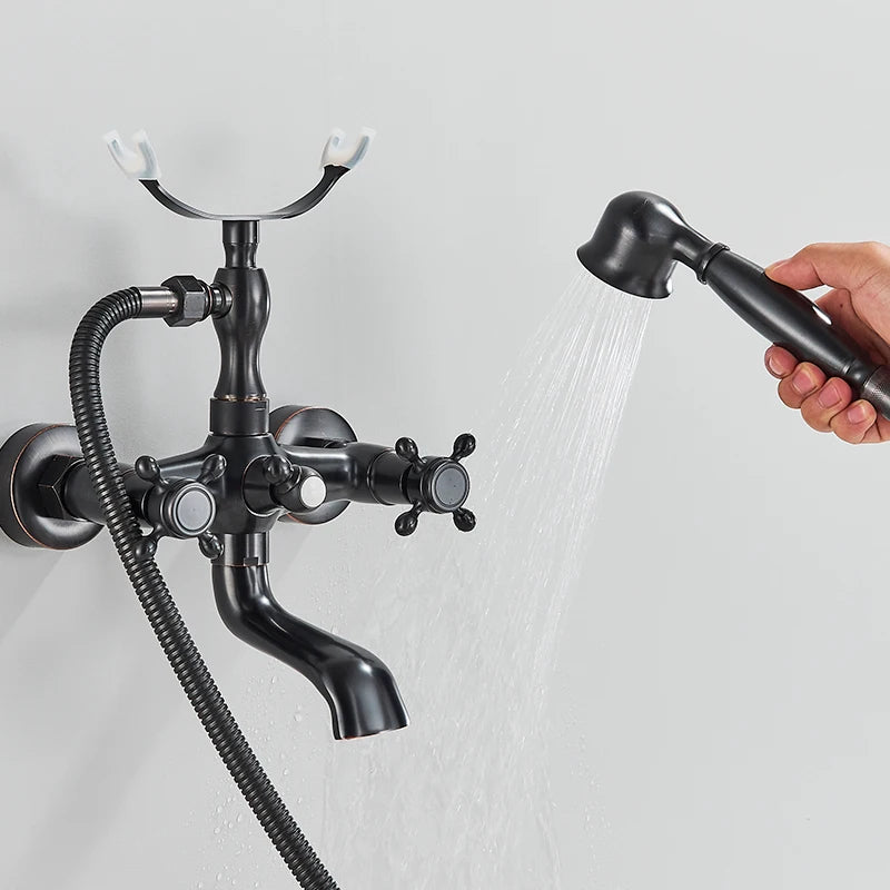 Retro Antique Brass Black Bronze Bathtub Shower Faucets Set Dual Knobs Mixer Tap Wall Mounted Bath Shower Set Swivel Tub Spout