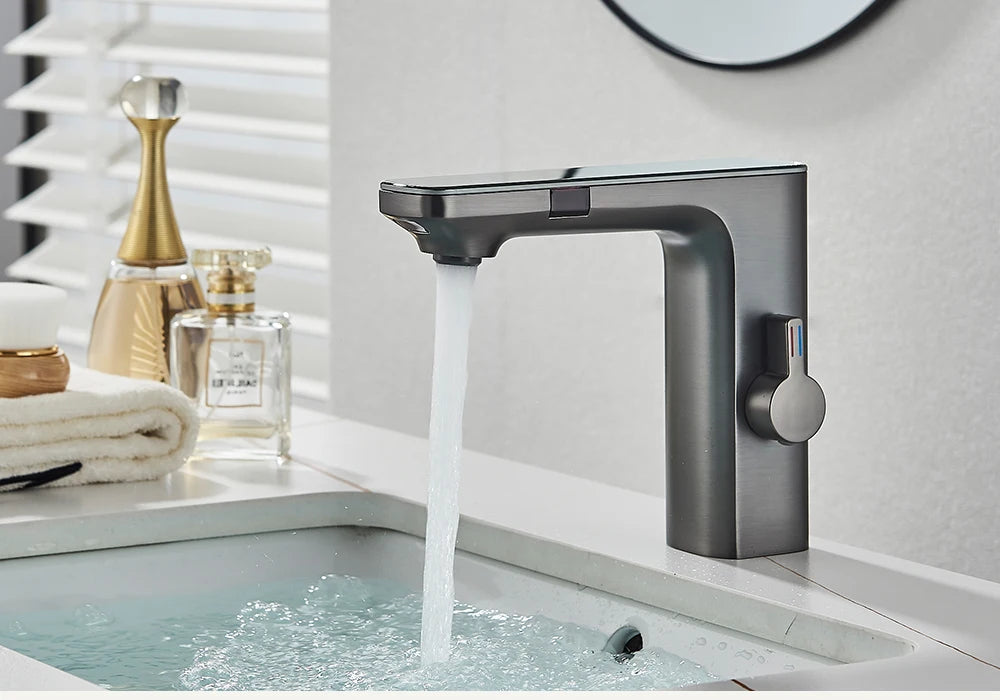 Touchless Sensor Basin Faucet Brass Smart Digital Display Bathroom Sink Faucet Grey Sense Hot Cold Water Mixer Tap Battery Power