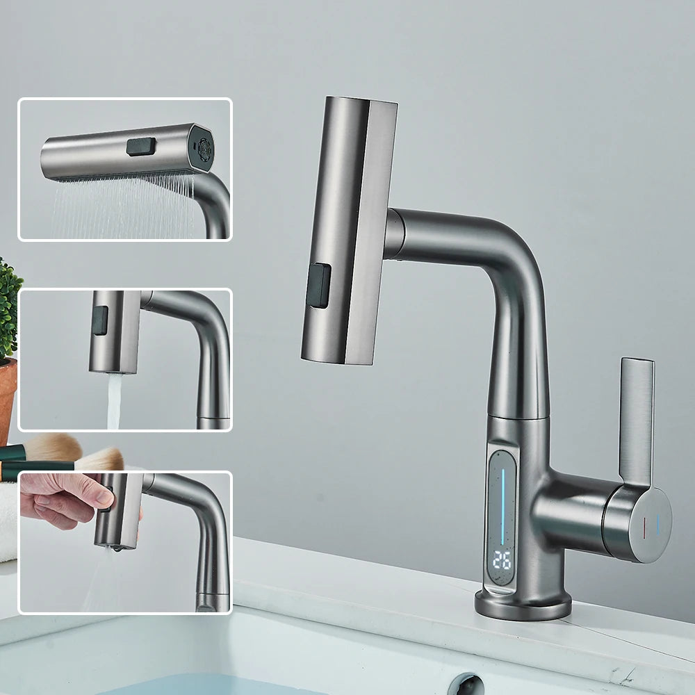 Waterfall Temperature Digital Display Basin Faucet Lift Up Down Stream Sprayer Hot Cold Water Sink Mixer Wash Tap For Bathroom