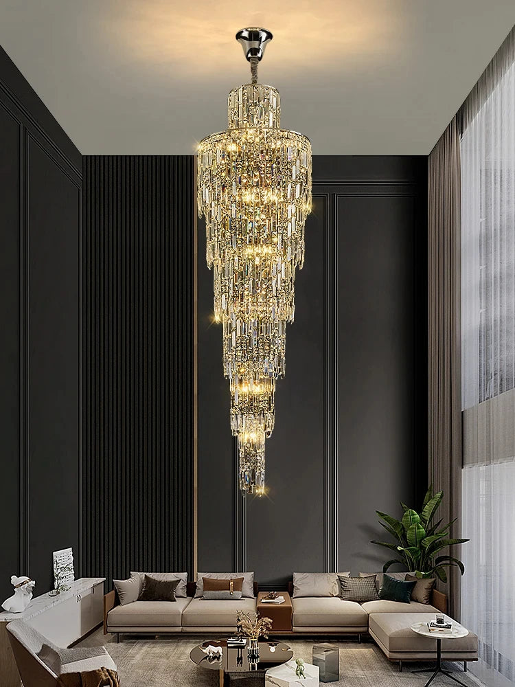 Villa Living Room Crystal Chandelier Hotel Hall Luxury Lighting for Duplex Floor Rotating Staircase Long Chandelier Decoration