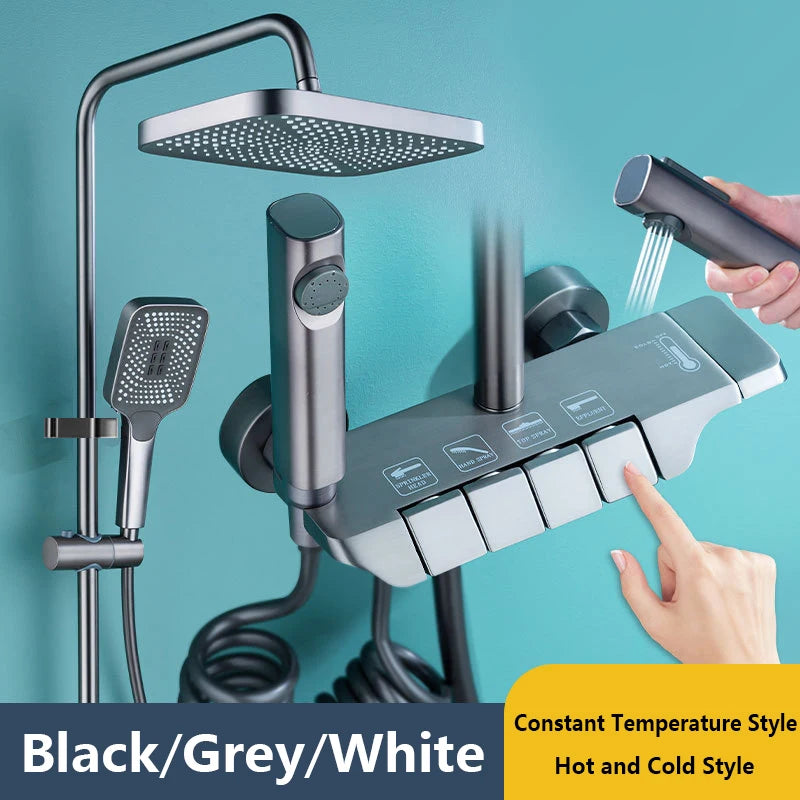 Black Digital Shower Set Bathroom Rainfall Brass Wall Mounted 4Way Shower Faucet Bathtub Thermostat Rain Mixer Tap Shower System