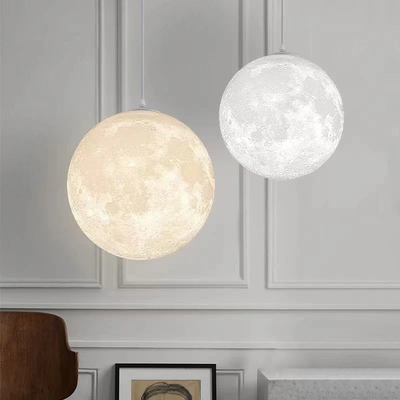 Creative 3D printed moon chandelier 15W 3 Color change light simple bedroom children's room restaurant bar commercial ball lamp