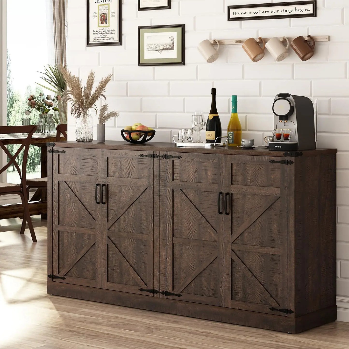 65 Inch Farmhouse Kitchen Sideboard Cabinet with Adjustable Shelves