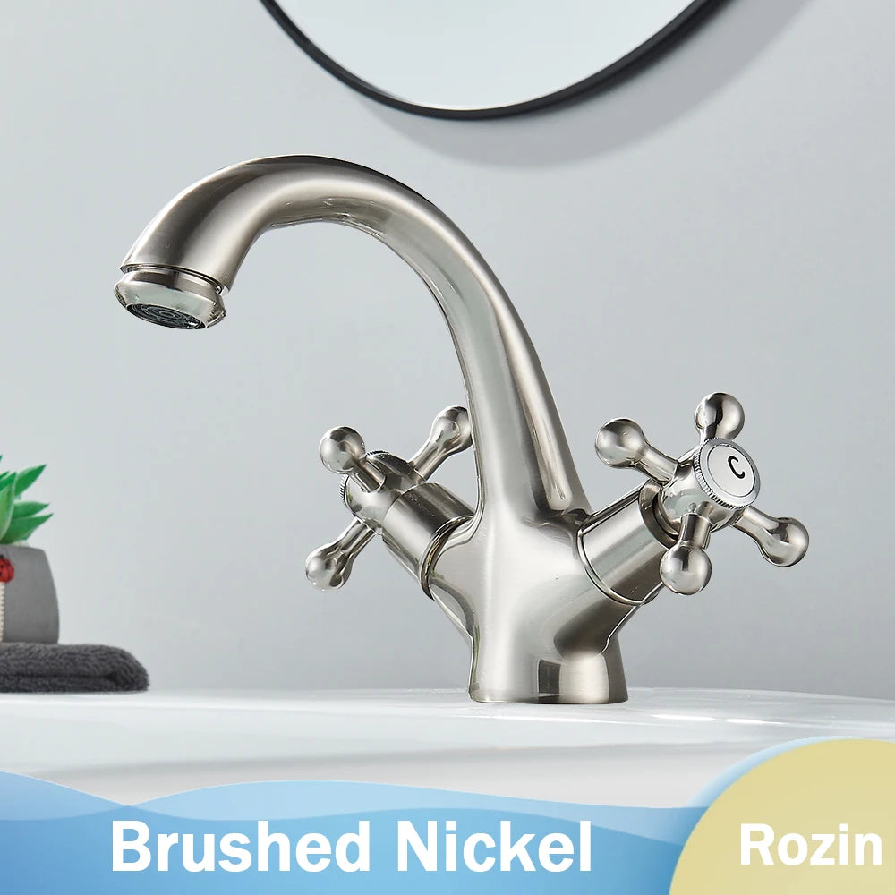 Rozin Dual Handle Basin Vessel Sink Faucet Deck Mounted Antique Brass Bathroom Washing Basin Faucet Hot and Cold Water Mixer Tap