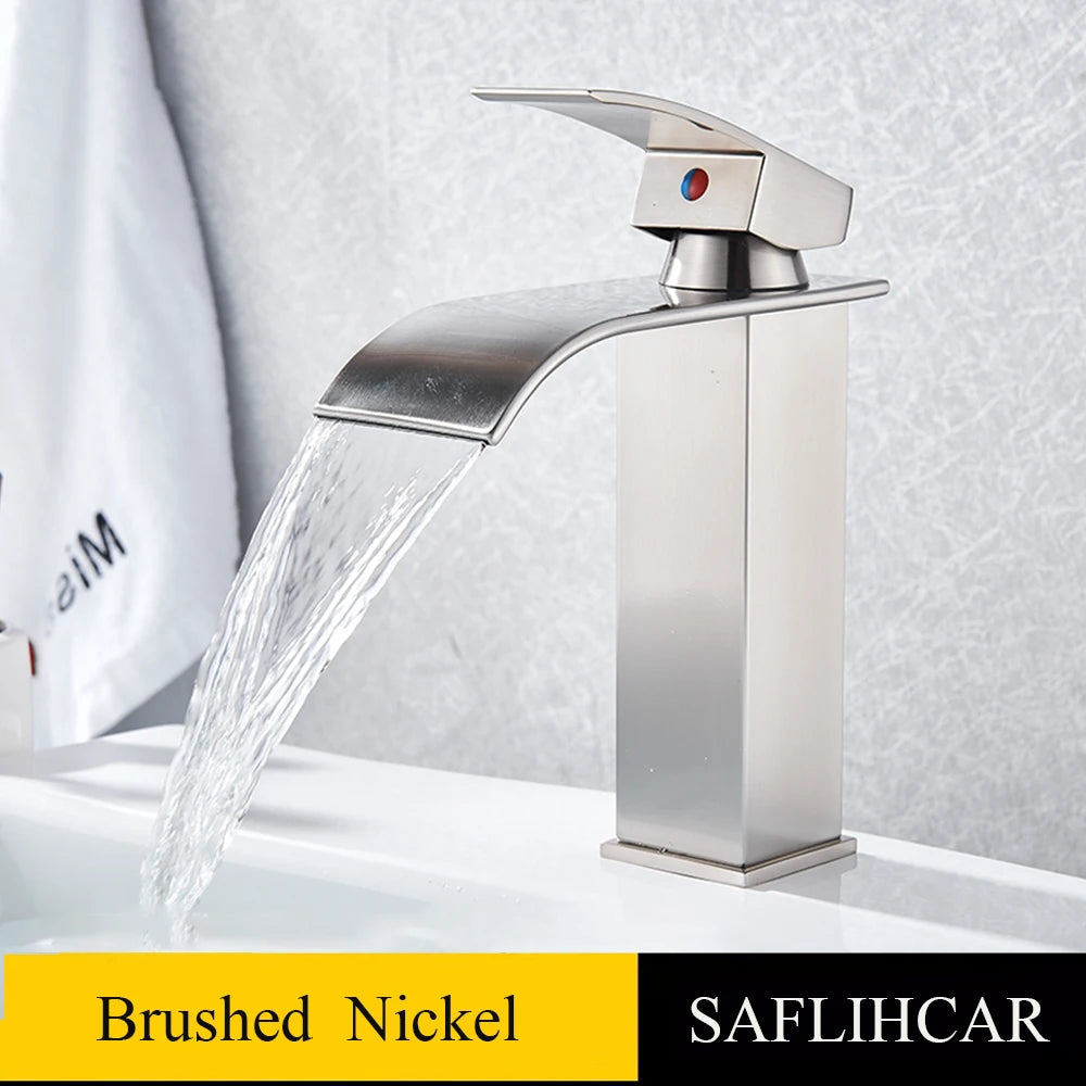 Brushed Gold Basin Sink Faucet Waterfall Outlet Vanity Hot Cold Mixer Tap Deck Mount Taps Washbasin Faucet for Bathroom
