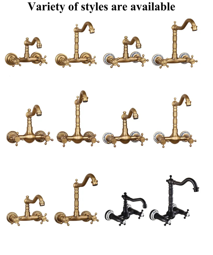 Antique brass ceramic into the wall faucet bathroom washbasin basin wall mount double handle cold and hot water faucet