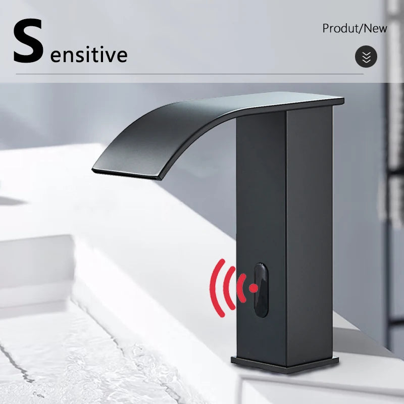Shinesia Black Bathroom Faucet Deck Mounted Automatic Sensor Water Mixer Crane Free Touch Sink Tap Bathroom Sink Faucets