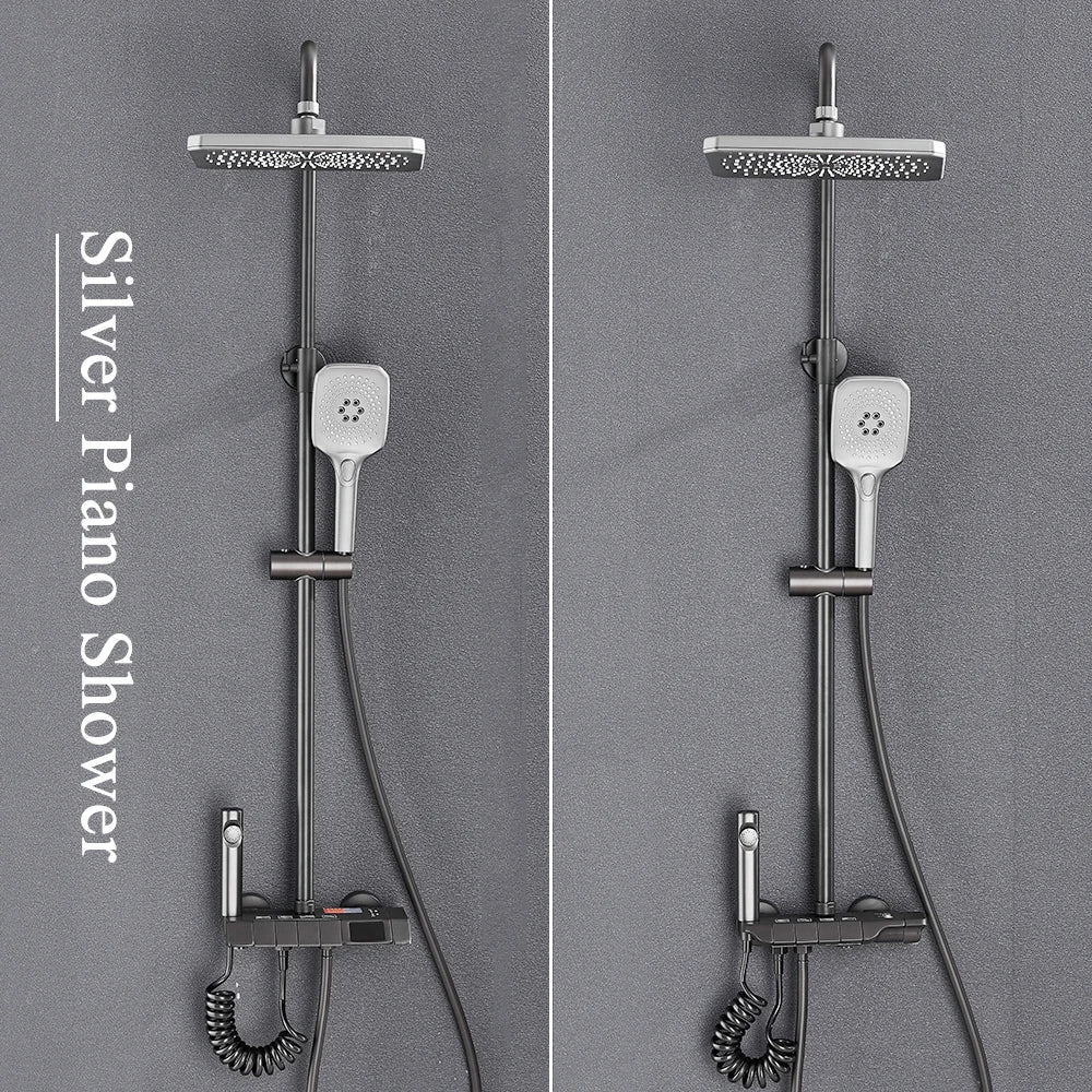 Grey Piano Digital Shower Set Intelligent Brass Bathroom Faucets Hot Cold Waterfall Tap Rainfall White Shower System Chuveiro