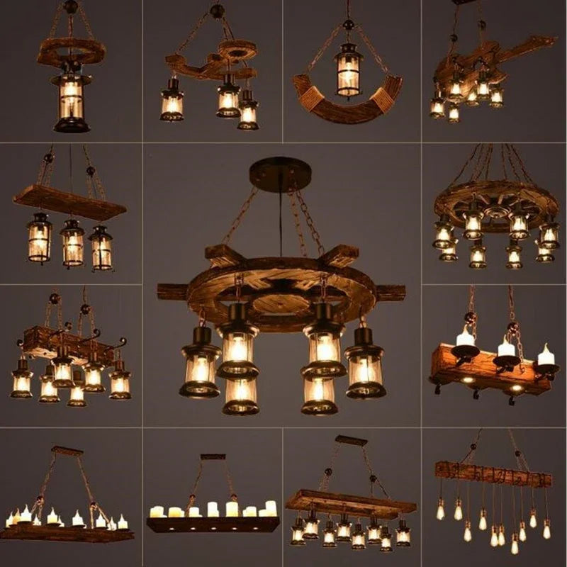 Antique Industry Vintage Wood E27 LED Ceiling Chandelier
