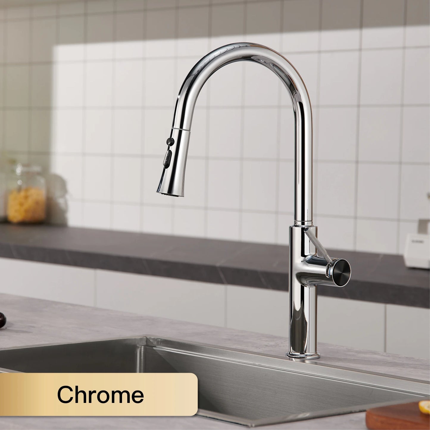 Luxury brushed gold kitchen faucet with pull-out design, 1-hole single handle cold and hot dual control dual function sink Tap
