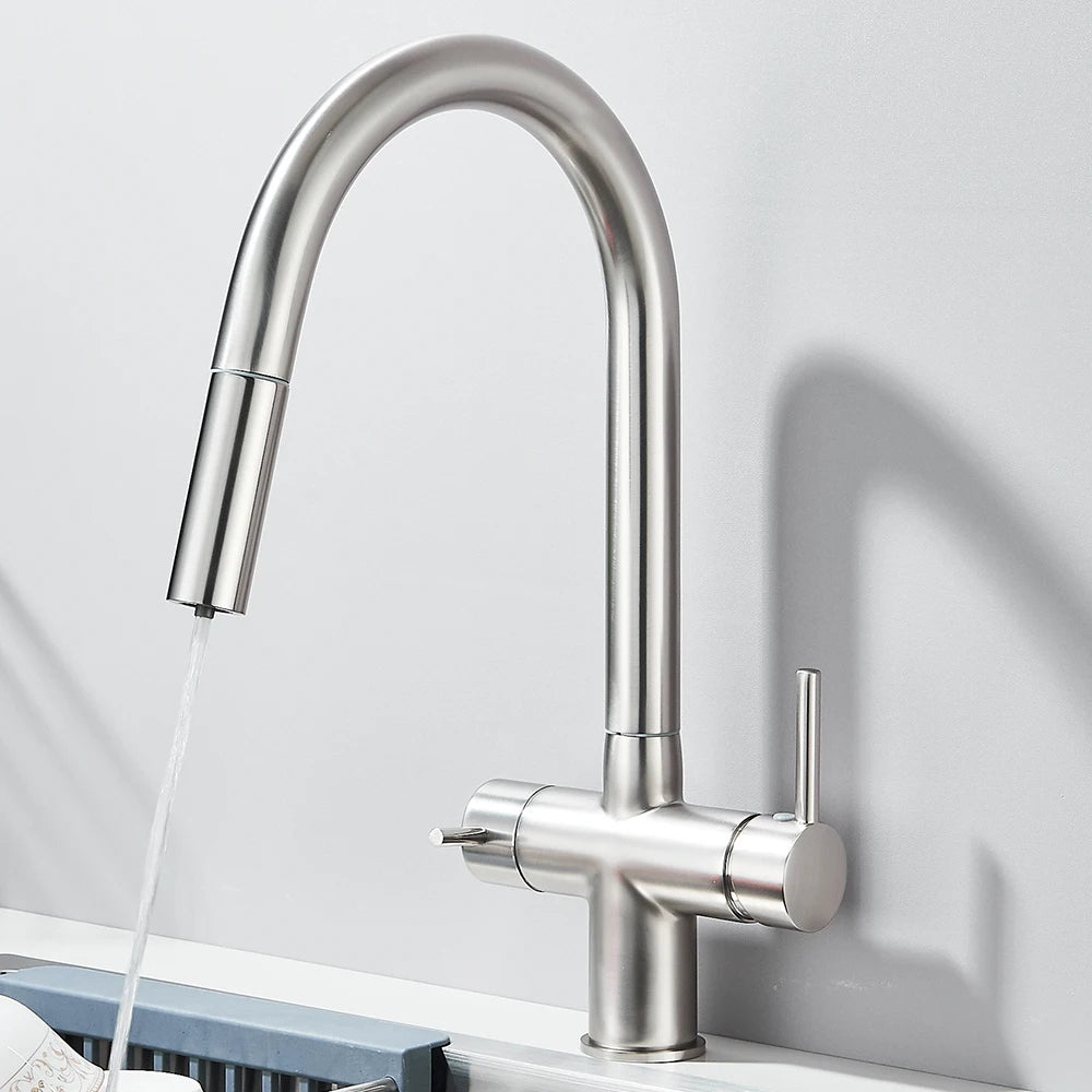 Filtered Kitchen Sink Faucet With Retractable Sprayer Brass Water Filter Tap Drinking Water Tap Vessel Sink Mixer For Kitchen