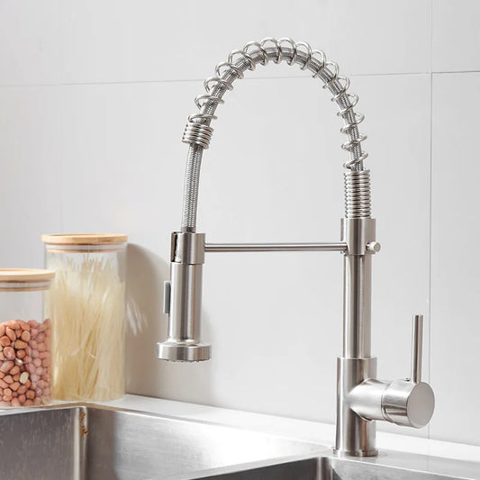 Matte Pull Down Kitchen Faucet Chrome Dual Modes Nozzle Hot Cold Water Mixer Crane Tap Brass Spring Kitchen Sink Faucets
