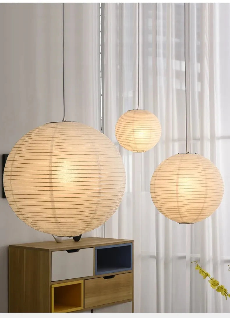 Nordic Wabi Sabi Wind Round Rice Paper Led Pendant Lights Living Dining Room Bedroom Loft Restaurant Bar Home Decor Chandelier