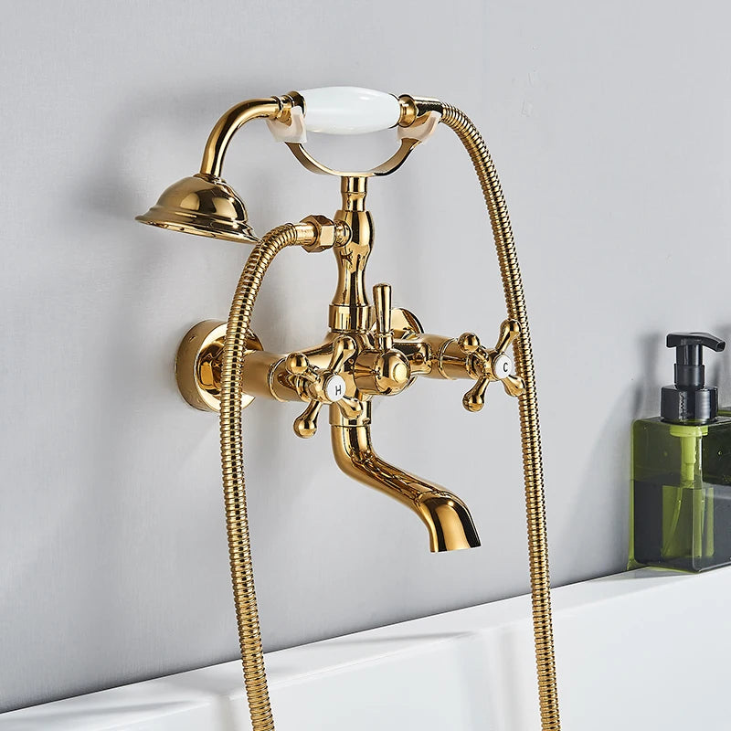 Retro Antique Brass Black Bronze Bathtub Shower Faucets Set Dual Knobs Mixer Tap Wall Mounted Bath Shower Set Swivel Tub Spout