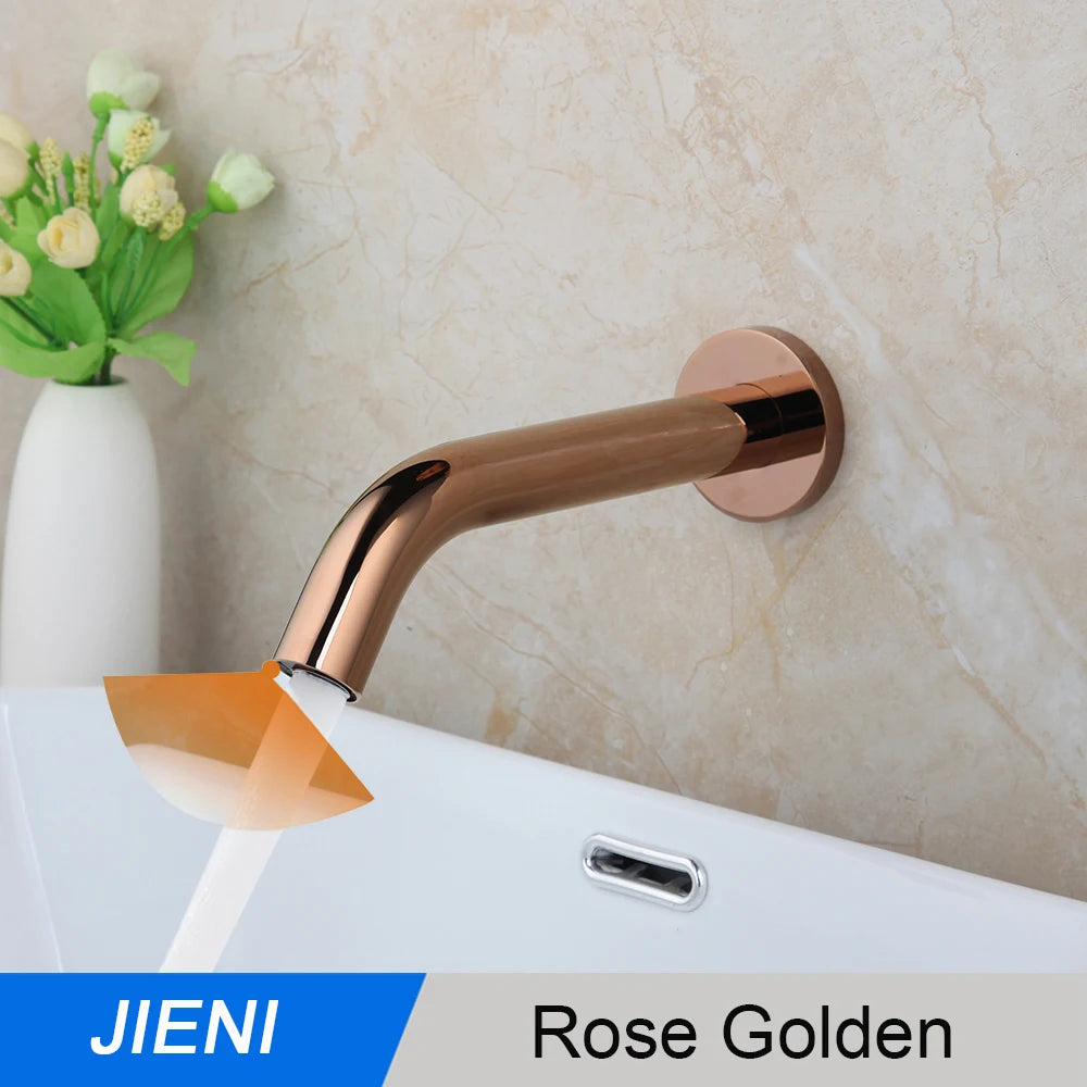 JIENI Black Chrome Lavatory Bathroom Faucet Wall Mount Sensor Faucet Automatic Free Touch Sensor Bathroom Sink Mixer Tap Faucet