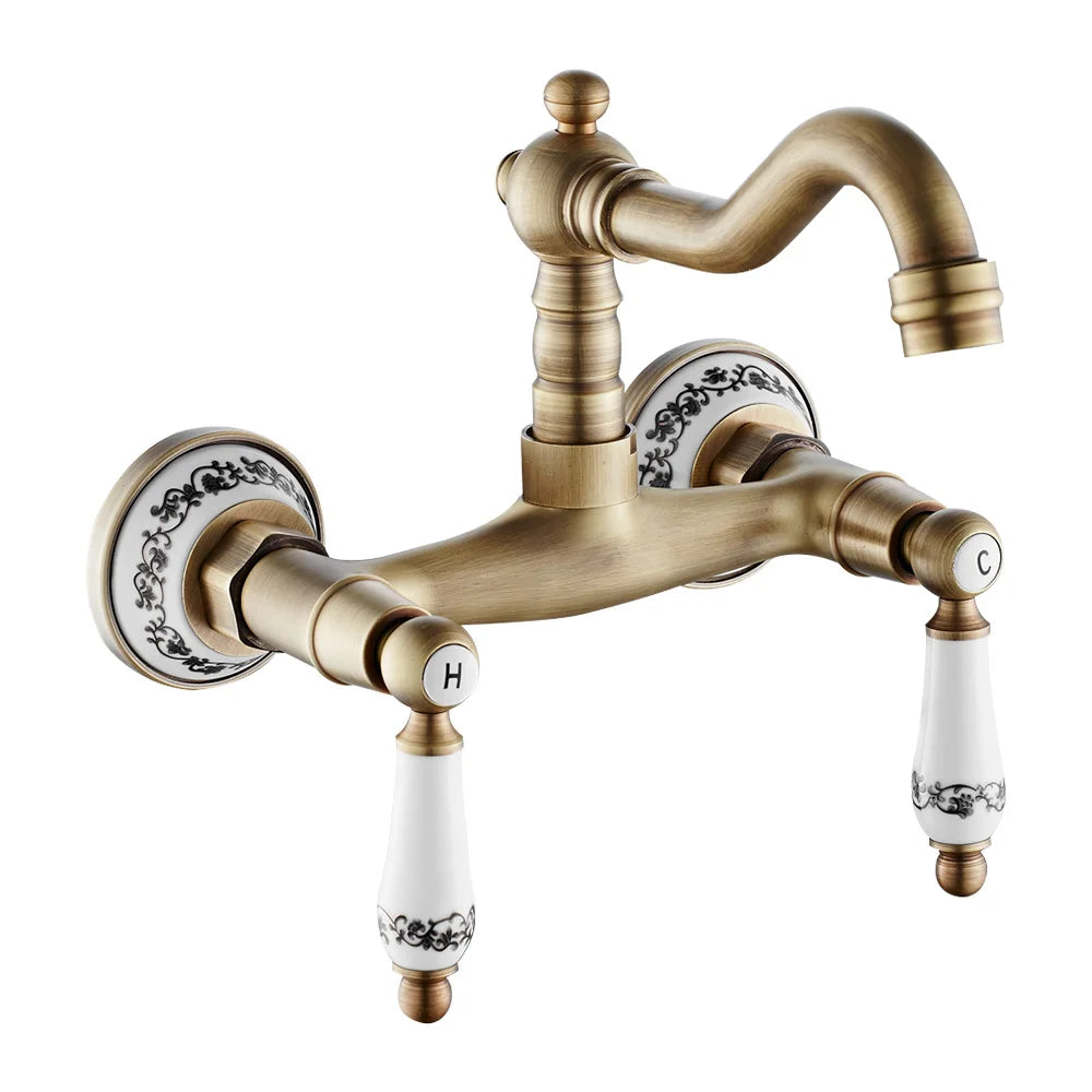 Wall Mount Antique Faucet Antique Brass Kitchen Faucet Dual Cold Hot Water Mixer Tap 360 Degree Rotation Kitchen Sink Faucet