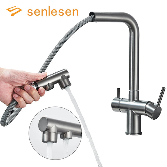 Filtered Kitchen Sink Faucet with Pull Down Sprayer 2 Handle 3 in 1 Water Filter Purifier Faucet Dual Sprayer Drinking Water Tap