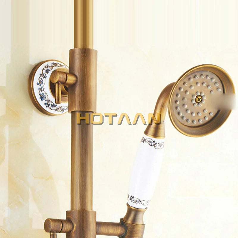Antique Brass Wall Mounted Mixer Valve Rainfall Shower Faucet Complete Sets + 8" Brass Shower Head + Hand Shower + Hose