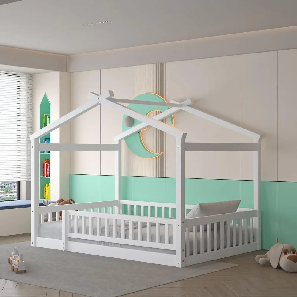 House Style Bed Full Size Floor Bed with Fence Railings
