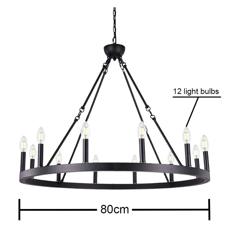 America Retro Industrial Iron Round Led Pendant Black Metallic Hanging Living Room Cafe Restaurant Decoration Suspend Chandelier