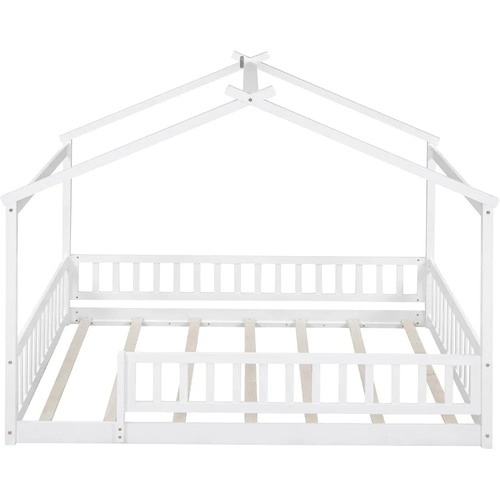 House Style Bed Full Size Floor Bed with Fence Railings