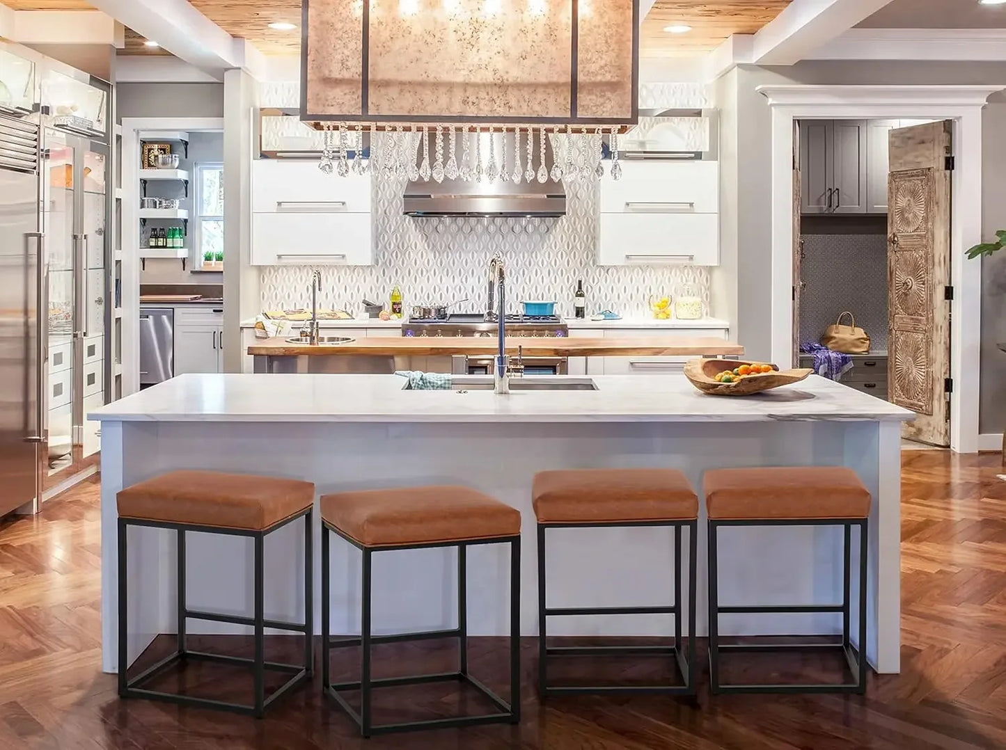 Black Counter Height 24" Bar Stools Kitchen Counter Backless Modern Square Barstools Upholstered Faux Leather Stools