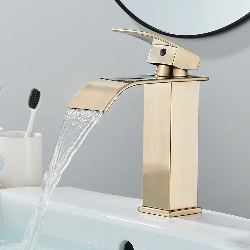Gold Bathroom Basin Faucet Waterfall Outlet Deck Installation Sink Mixer Cold And Hot Mixing Crane Kitchen Washing Tap