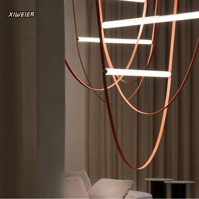 Postmodern Leather Belt Chandelier Living Room Villa Building Coffee Restaurant Glass Tube Designer Chandelier