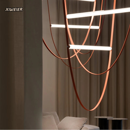 Postmodern Leather Belt Chandelier Living Room Villa Building Coffee Restaurant Glass Tube Designer Chandelier