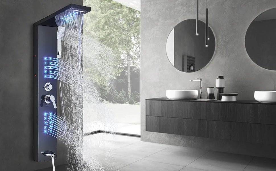 OUIO Brush LED Shower Panel Column Shower Faucet Bathtub Mixer Tap With Massage Body Spa Hand Shower Temperature Screen Set