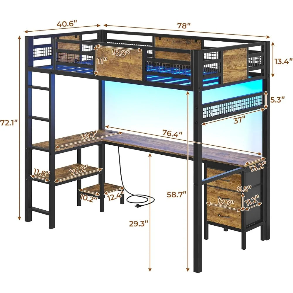 Loft Bed with L-Shaped Desk LED Lights & Charging Station