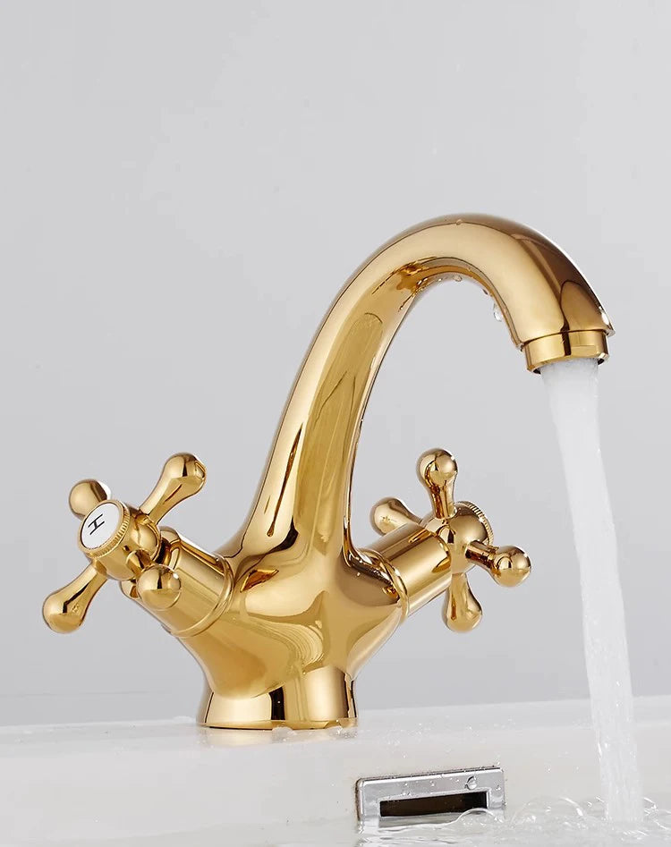 Dual Handle Antique Basin Faucet Hot and Cold Water Crane Bronze Sink Faucet Bathroom Vintage Mixers Taps Gold