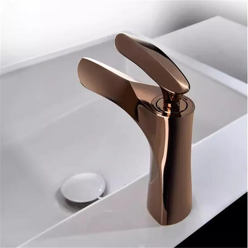 Tuqiu Rose Gold Bathroom Faucets Brief Basin Faucet Sink Mixer Tap Hot & Cold Deck Mounted Lavatory Crane Water Tap