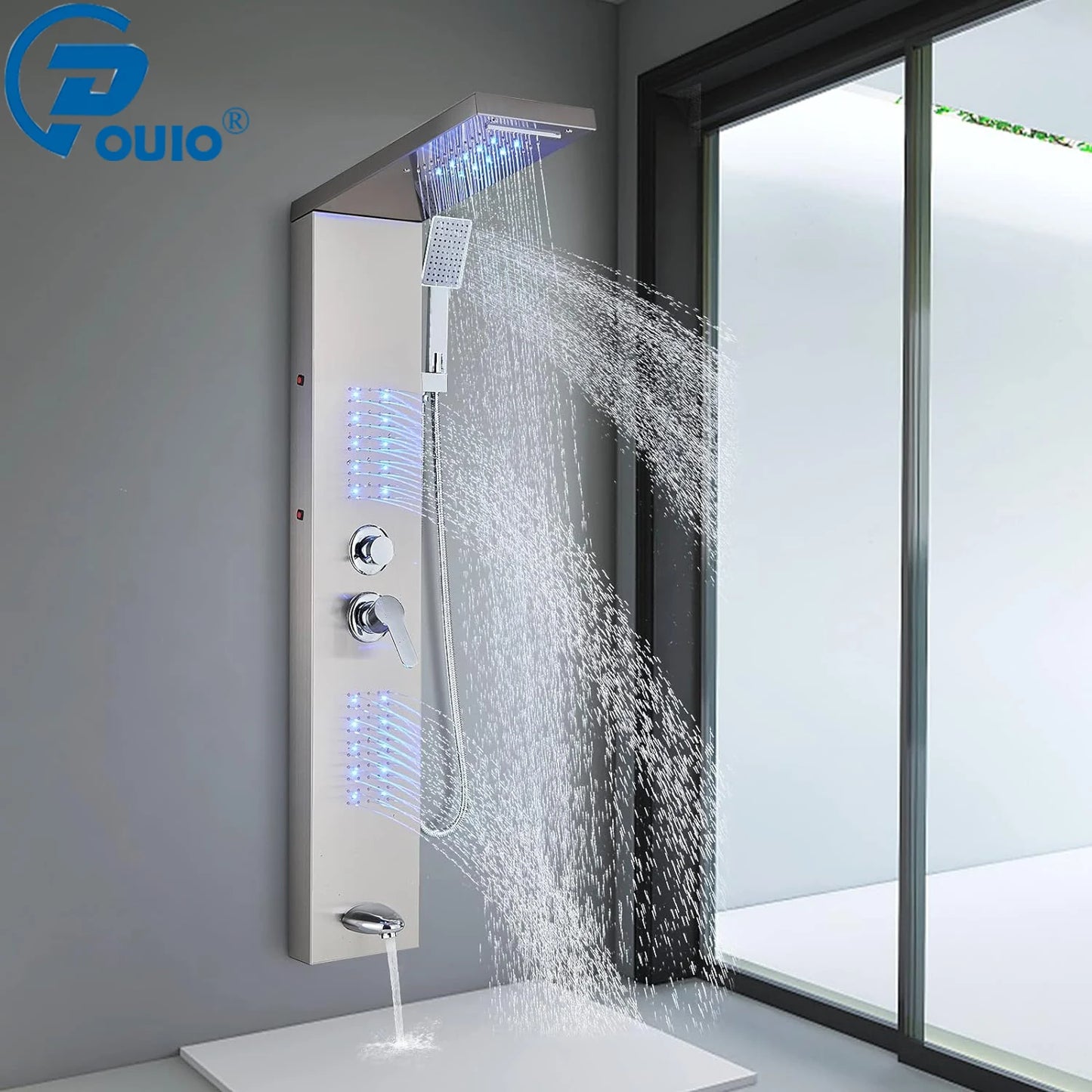 OUIO Brush LED Shower Panel Column Shower Faucet Bathtub Mixer Tap With Massage Body Spa Hand Shower Temperature Screen Set