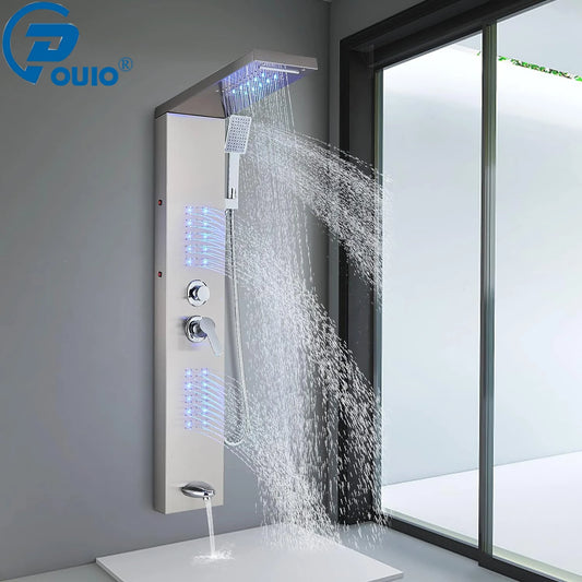 OUIO Brush LED Shower Panel Column Shower Faucet Bathtub Mixer Tap With Massage Body Spa Hand Shower Temperature Screen Set