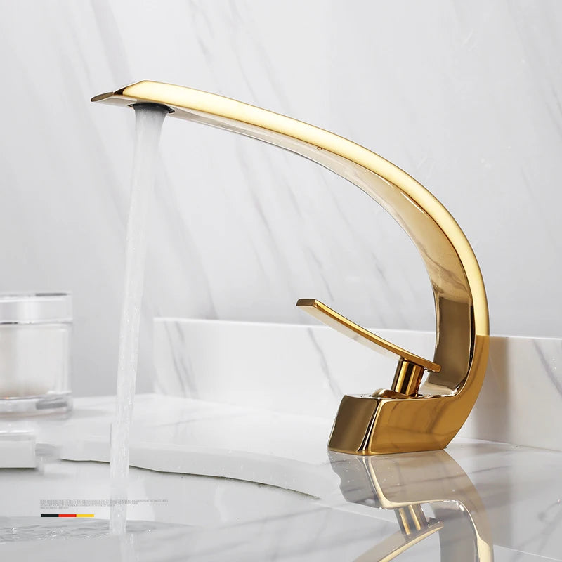 Bathroom Basin Faucet Arc Waterfall Tap Deck Mount Single Handle Single Hole Cold Hot Water Mixer Washing Sink Crane