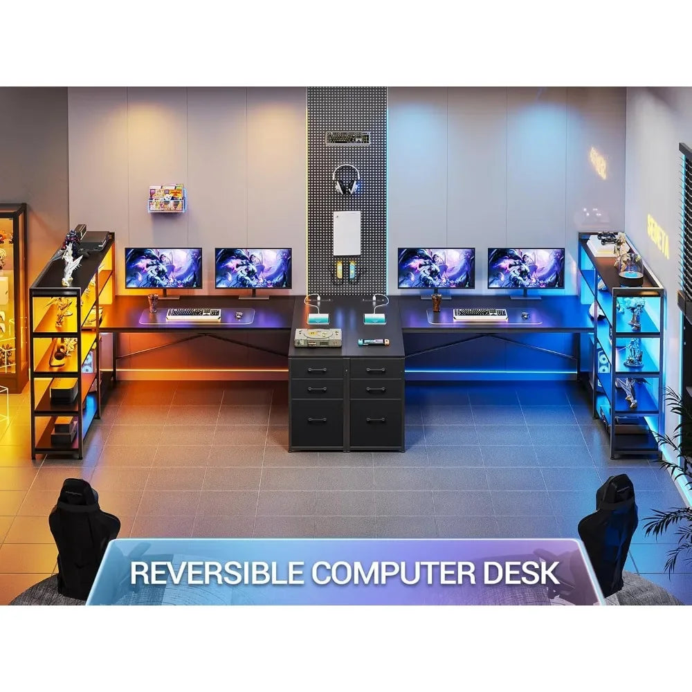 L Shaped Gaming Desk with Reversible U Shaped Computer Desk with Power Outlet and Storage Shelves