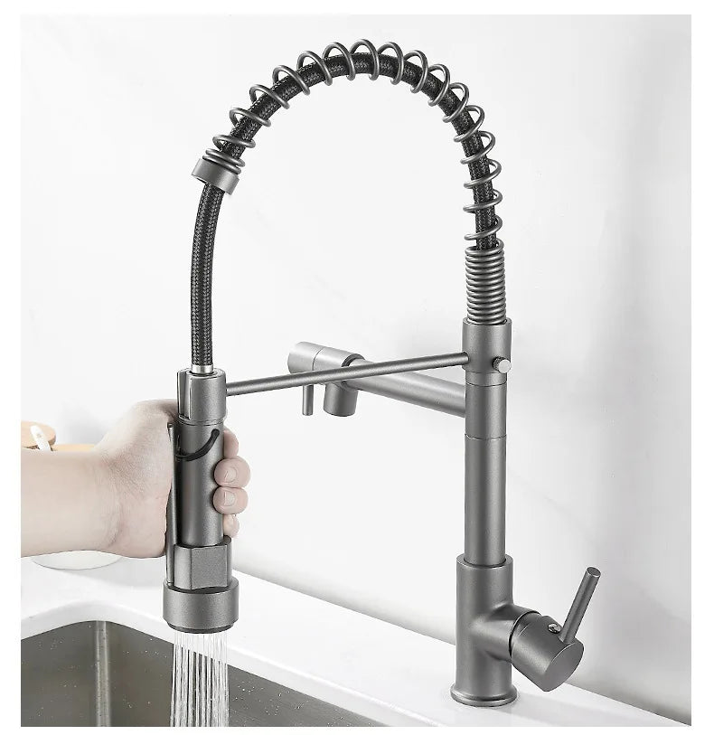 Black and Golden Brass Pulling Kitchen Sink Faucets Dual Outlet Water-Cold Hot Washing Basin Tap Deck Mounted Spring Mixer Taps