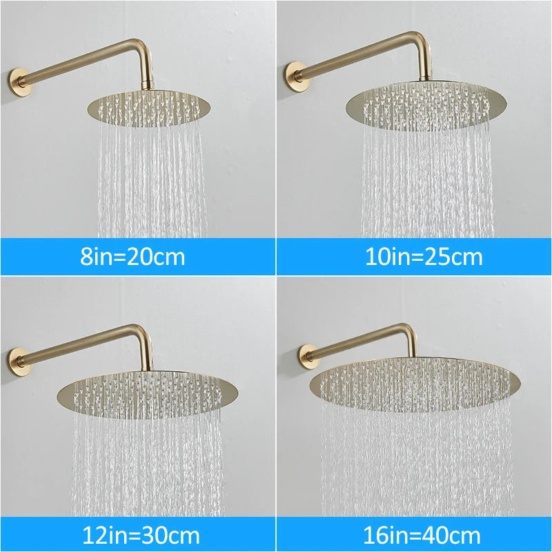Brushed Gold Shower Faucets Set Rainfall Shower System Concealed Hot Cold Water Mixer Tap Bathroom Round Shower Faucet