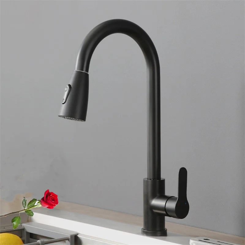 Kitchen Faucets Brushed Nickel Pull Out Kitchen Sink Water Tap Deck Mounted Mixer Stream Sprayer Head Hot Cold Taps Sliver